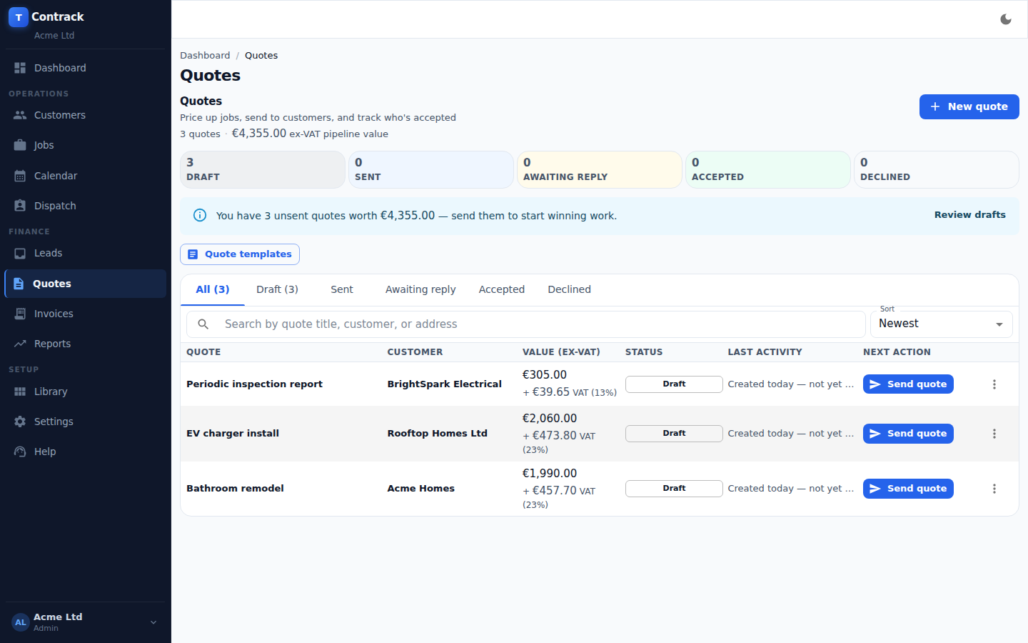 The Contrack quotes list, showing draft quotes with values and VAT, and a Send quote action for each